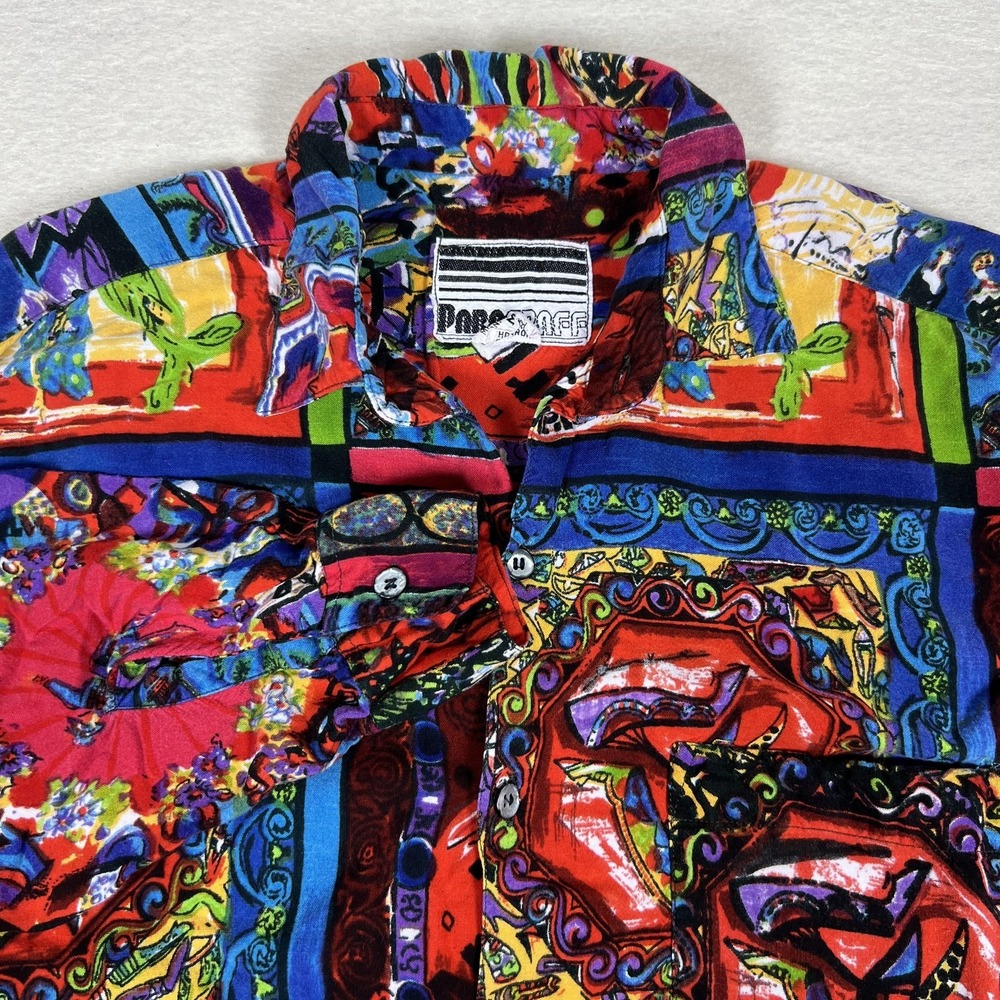 Vintage Paragraff Button‎ Up Mens M Rayon Colorful Abstract Mozart Bach